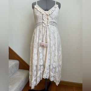 White Lace high low Midi Dress with Pom Pom Details